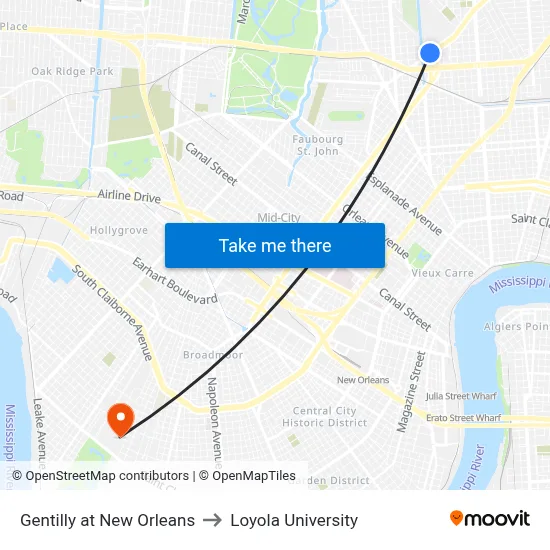 Gentilly at New Orleans to Loyola University map