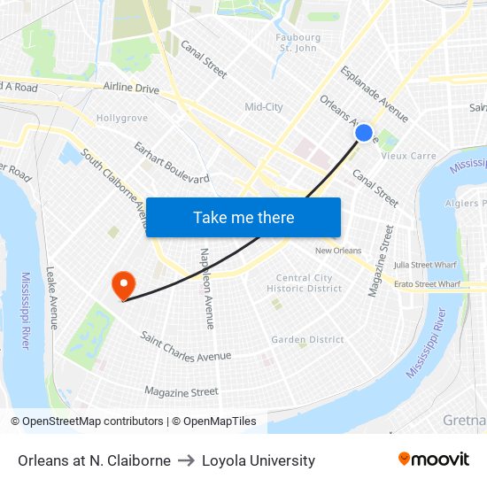 Orleans at N. Claiborne to Loyola University map