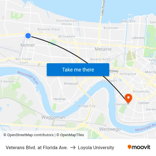 Veterans Blvd. at Florida Ave. to Loyola University map