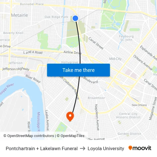 Pontchartrain + Lakelawn Funeral to Loyola University map