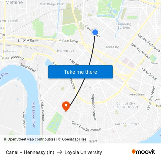 Canal + Hennessy (In) to Loyola University map
