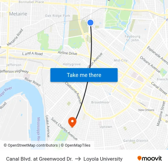 Canal Blvd. at Greenwood Dr. to Loyola University map