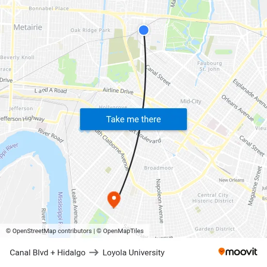 Canal Blvd + Hidalgo to Loyola University map