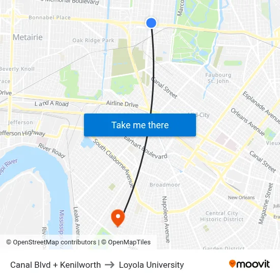 Canal Blvd + Kenilworth to Loyola University map