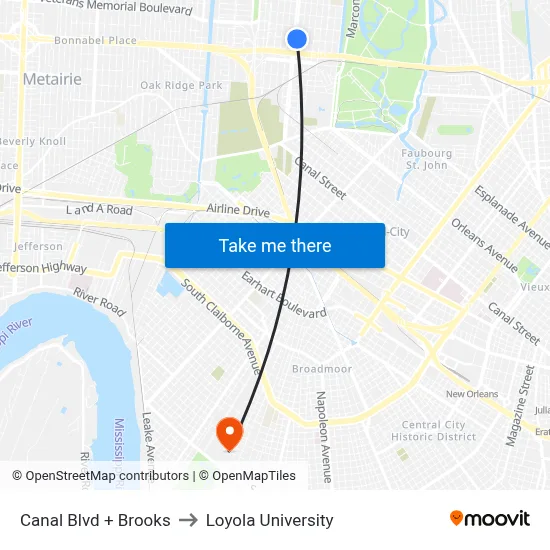 Canal Blvd + Brooks to Loyola University map
