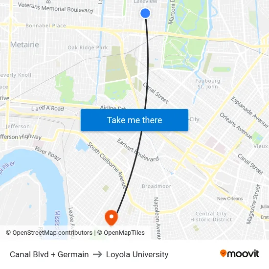 Canal Blvd + Germain to Loyola University map