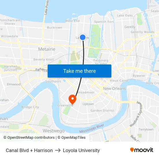 Canal Blvd + Harrison to Loyola University map
