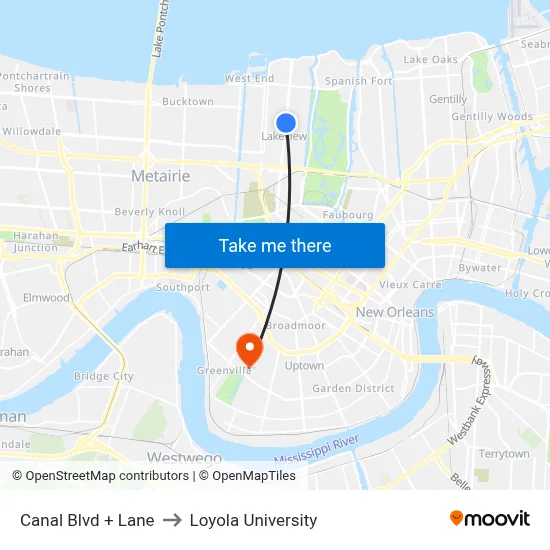 Canal Blvd + Lane to Loyola University map