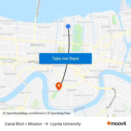 Canal Blvd + Mouton to Loyola University map
