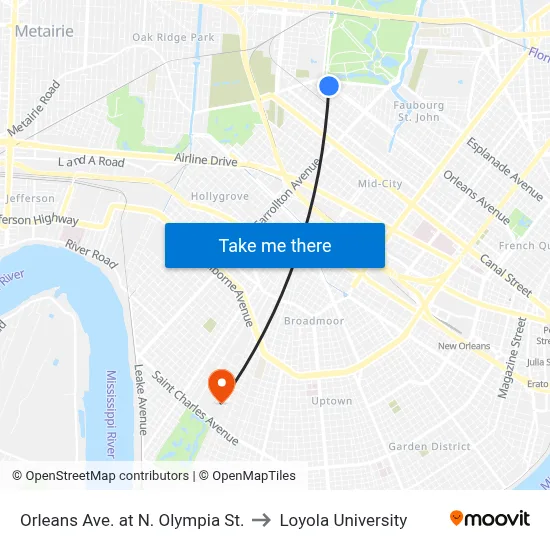 Orleans Ave. at N. Olympia St. to Loyola University map