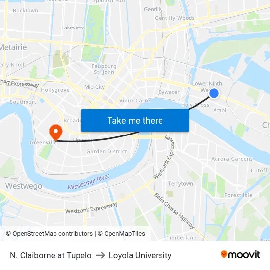 N. Claiborne at Tupelo to Loyola University map