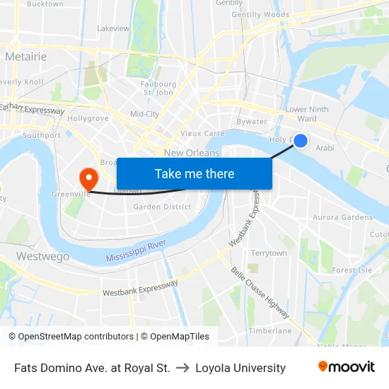 Fats Domino Ave. at Royal St. to Loyola University map