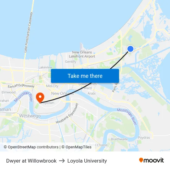 Dwyer at Willowbrook to Loyola University map