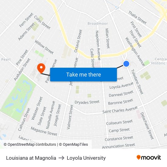 Louisiana at Magnolia to Loyola University map