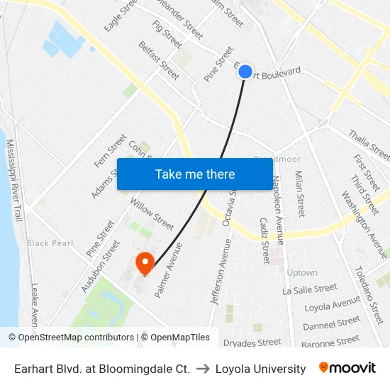 Earhart Blvd. at Bloomingdale Ct. to Loyola University map