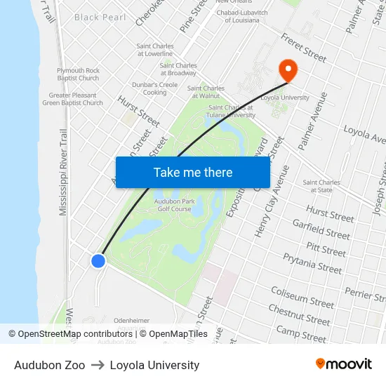 Audubon Zoo to Loyola University map