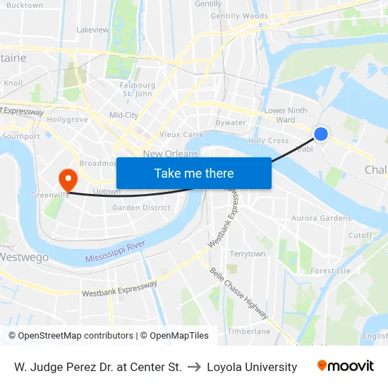 W. Judge Perez Dr. at Center St. to Loyola University map