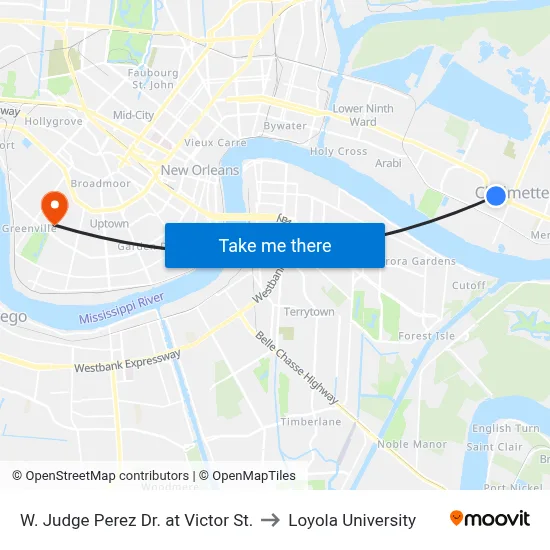 W. Judge Perez Dr. at Victor St. to Loyola University map