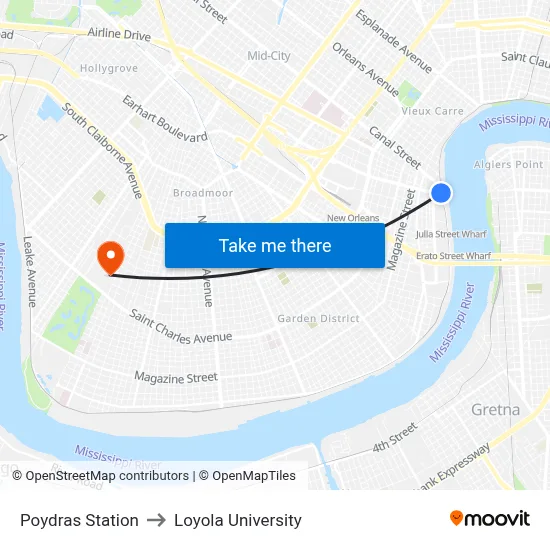 Poydras Station to Loyola University map