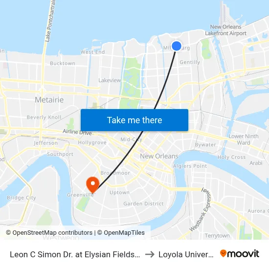 Leon C Simon Dr. at Elysian Fields Ave. to Loyola University map
