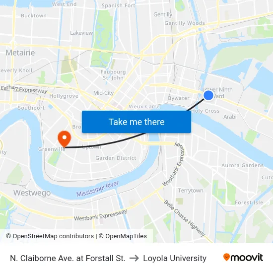 N. Claiborne Ave. at Forstall St. to Loyola University map
