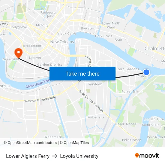 Lower Algiers Ferry to Loyola University map
