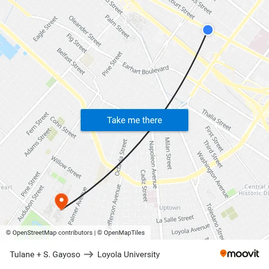 Tulane + S. Gayoso to Loyola University map