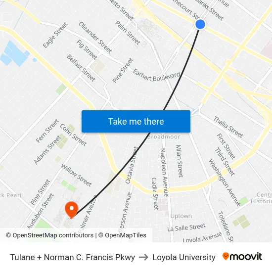 Tulane + Norman C. Francis Pkwy to Loyola University map