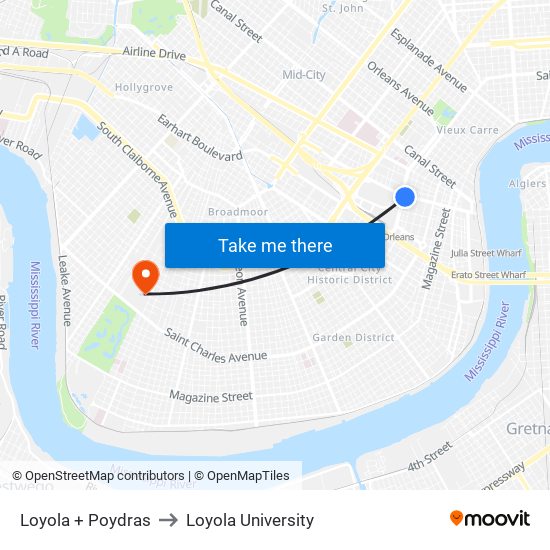 Loyola + Poydras to Loyola University map