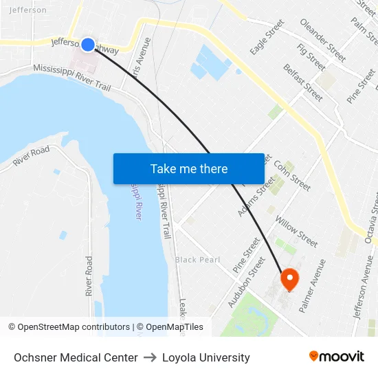 Ochsner Medical Center to Loyola University map