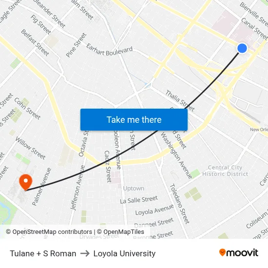 Tulane + S Roman to Loyola University map