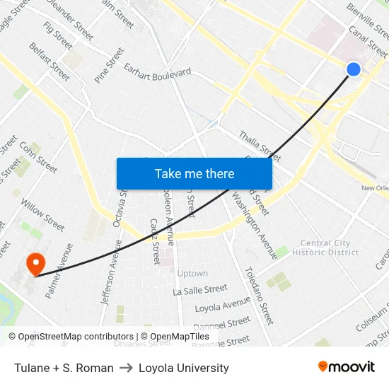 Tulane + S. Roman to Loyola University map