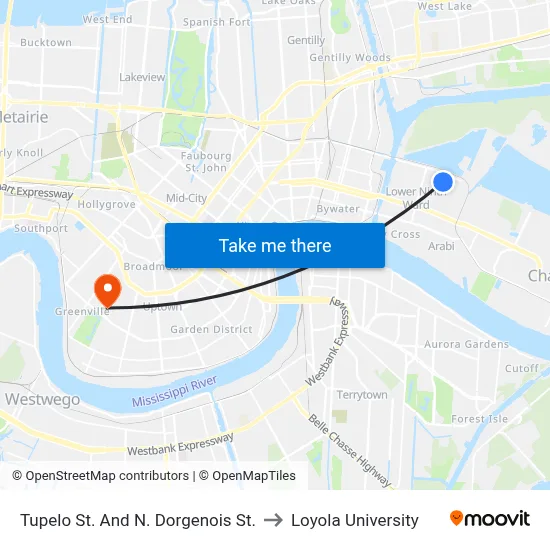 Tupelo St. And N. Dorgenois St. to Loyola University map