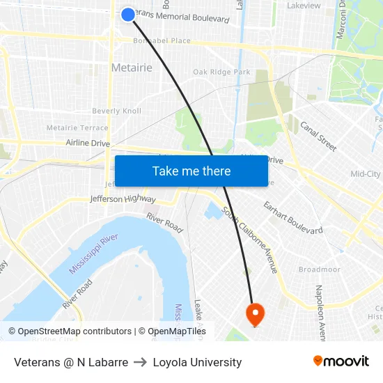 Veterans @ N Labarre to Loyola University map