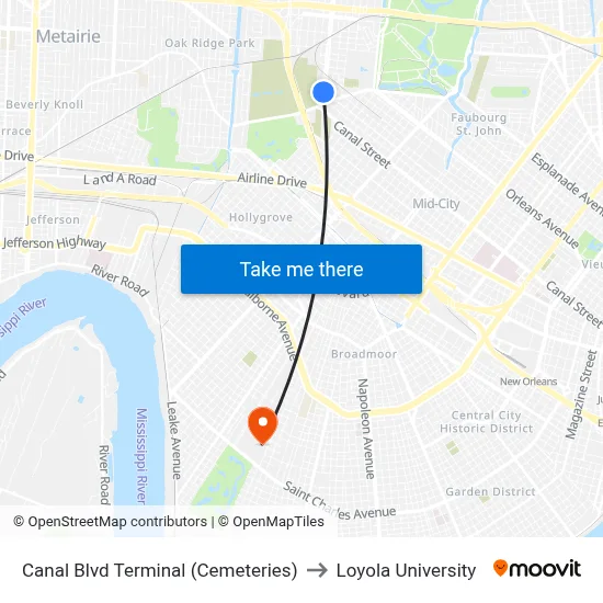 Canal Blvd Terminal (Cemeteries) to Loyola University map