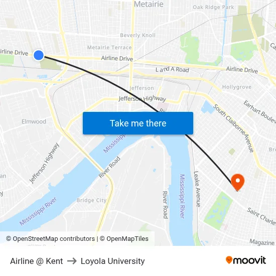 Airline @ Kent to Loyola University map
