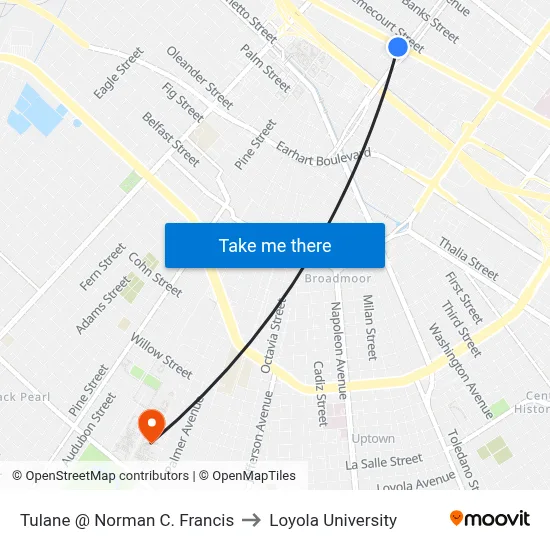 Tulane @ Norman C. Francis to Loyola University map