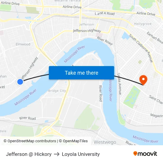 Jefferson @ Hickory to Loyola University map