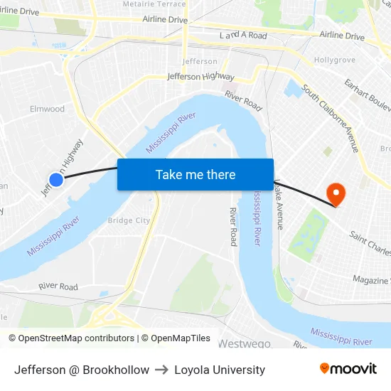 Jefferson @ Brookhollow to Loyola University map