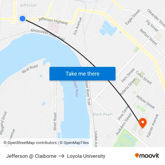 Jefferson @ Claiborne to Loyola University map