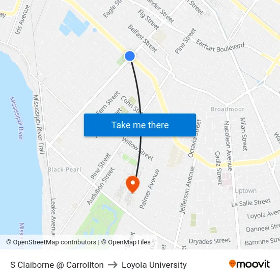S Claiborne @ Carrollton to Loyola University map