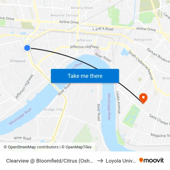 Clearview @ Bloomfield/Citrus (Oshner Hospital) to Loyola University map