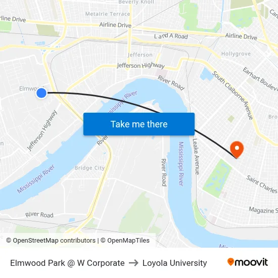 Elmwood Park @ W Corporate to Loyola University map