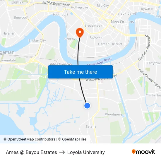 Ames @ Bayou Estates to Loyola University map