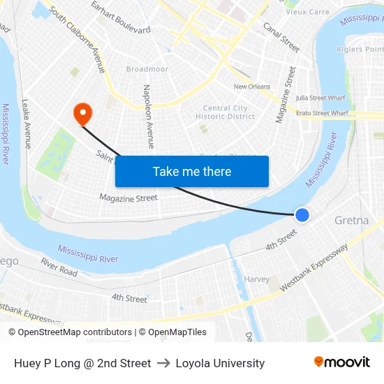 Huey P Long @ 2nd Street to Loyola University map