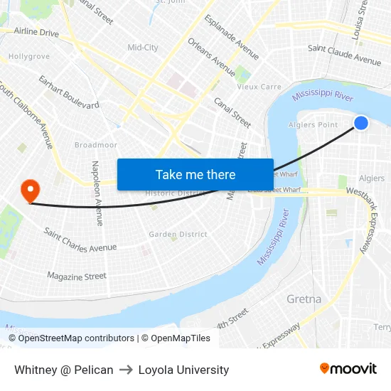Whitney @ Pelican to Loyola University map