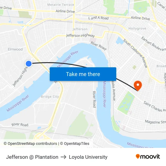 Jefferson @ Plantation to Loyola University map