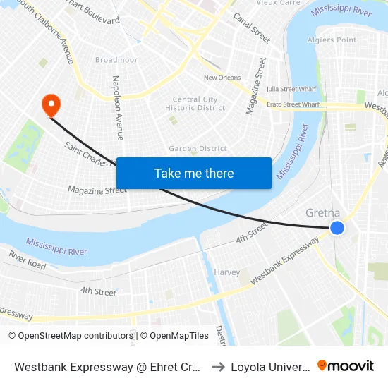Westbank Expressway @ Ehret Crossing to Loyola University map