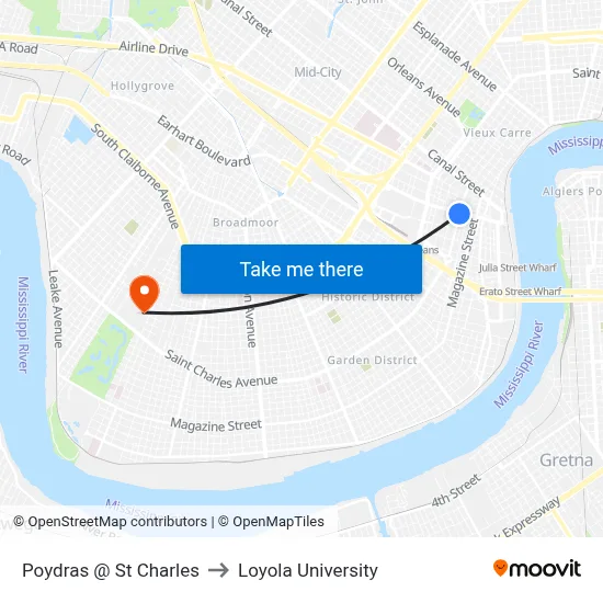 Poydras @ St Charles to Loyola University map