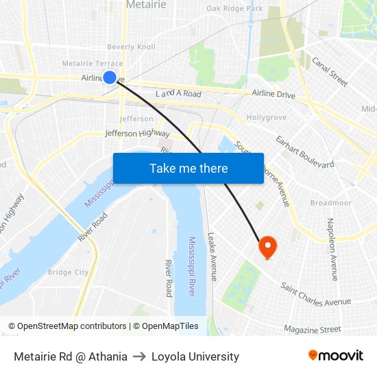 Metairie @ Johnson to Loyola University map